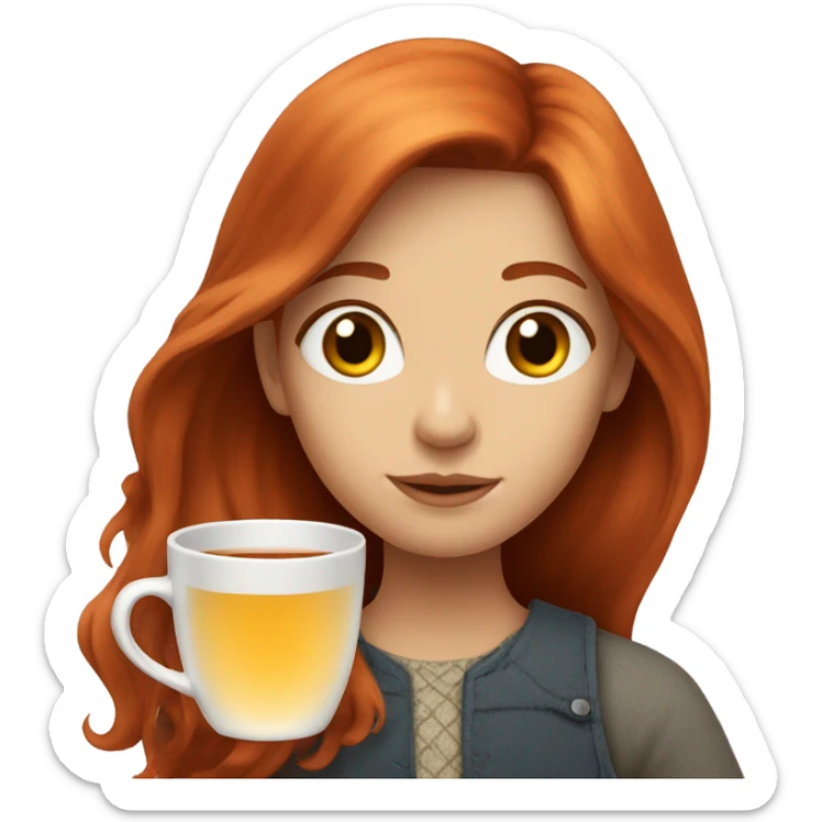 A red-haired girl with long hair and a cup of tea sticker