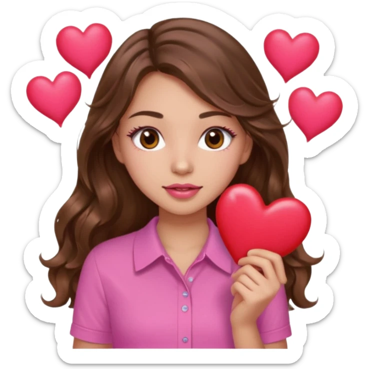 girl with long wavy brown hair, brown eyes, light to medium complexion, in a pink shirt, pink lips, long lashes, many  hearts in hand sticker