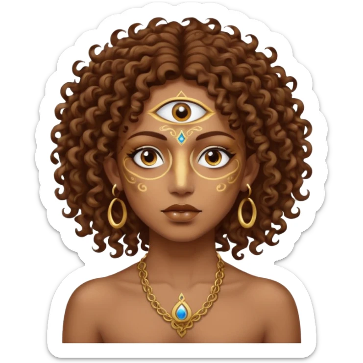 Sexy brown eyes, brown curly hair, white ethnicity with tattoo mystic vibe, third eye  sticker
