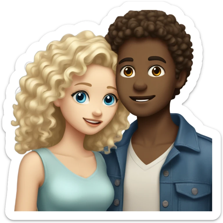 dark brown haired boy with fluffy hair and with brown eyes and light skin kissing a blonde curly haired girl with blue eyes sticker