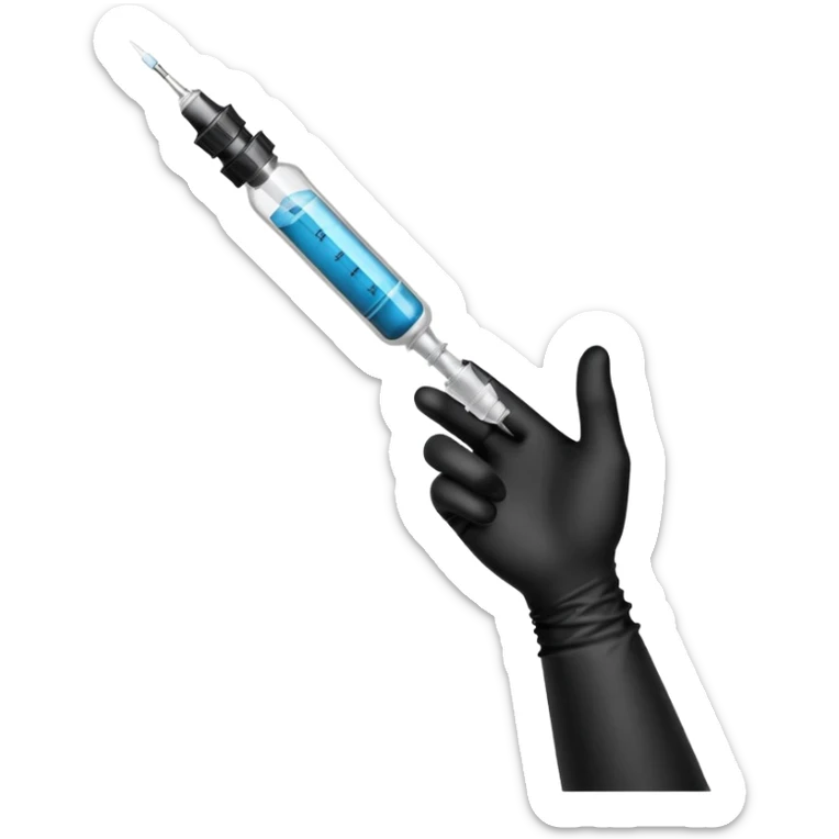 mano con guante medico de color negro sosteniendo una jeringa no tan grande y que solo se vea la mano hasta la muñeca, no el brazo y que el liquido de la jeringa sea transparente sticker