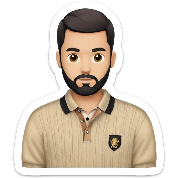 light skin man with black beard with black combover hairstyle  wearing a burberry sweater polo sticker