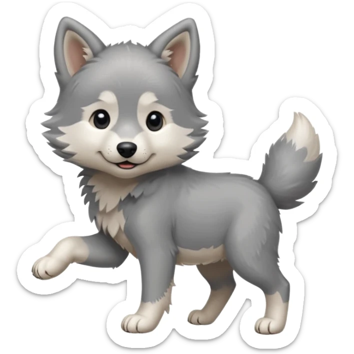 an animated gif-style sticker emote of a wolf puppy in a play bow wagging its tail in a smooth, natural arc over its back  sticker