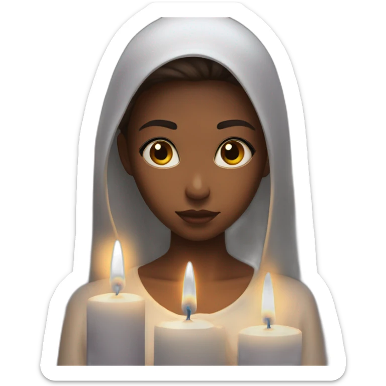 a girl with white skin ridiculously prays at a candle in front of her sticker