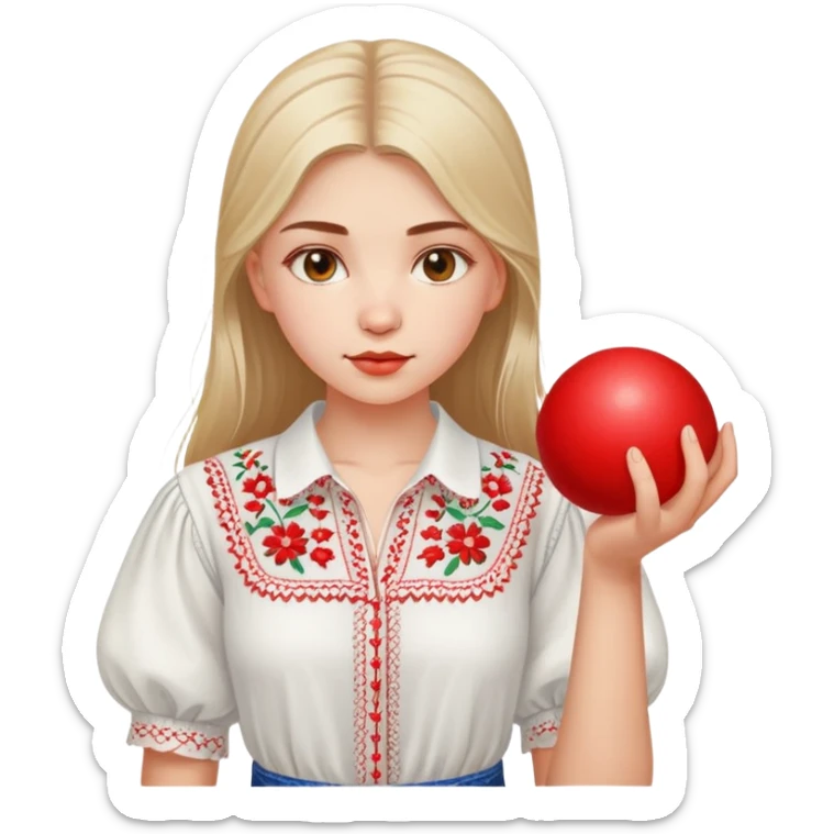 Ukrainian young girl in a white embroidered shirt holds a red ball of thread in her hand sticker