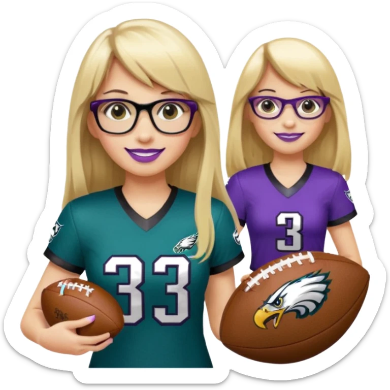 full length women wearing eagles uniform, long blonde hair, straight bangs, black glasses, holding football, number 33, smiling, purple lipstick sticker