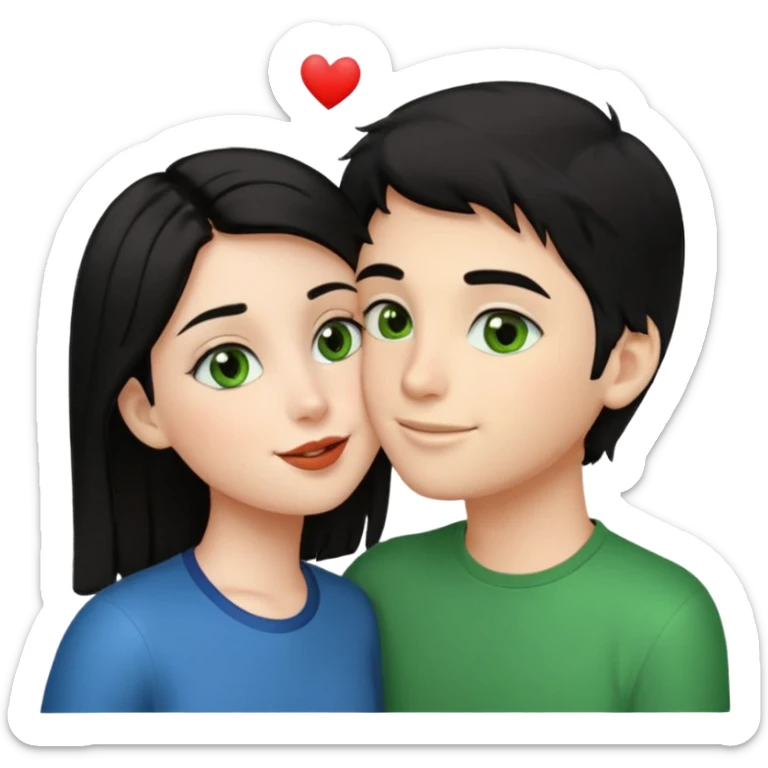 a girl with black hair and green eyes giving a kiss on the cheek to a boy with brown hair and brown eyes, emoji style sticker