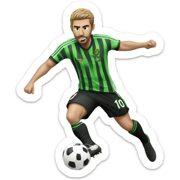 Footballer in a green black stripped kit, kicking a football sticker
