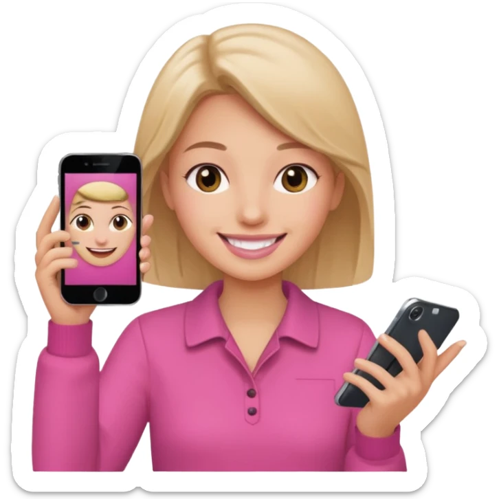 pink video call between one person holding the phone with a person on the phone screen sticker