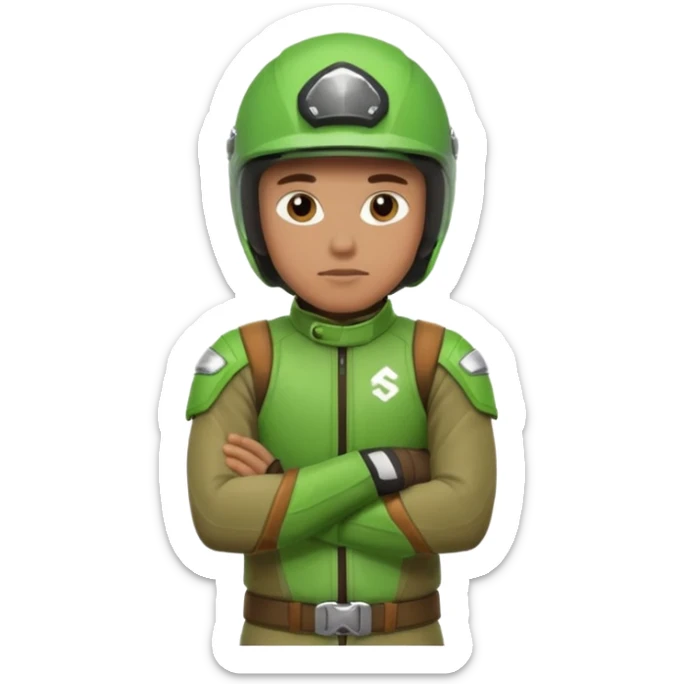 dirtbike rider in green gear with arms crossed, and thinking sticker