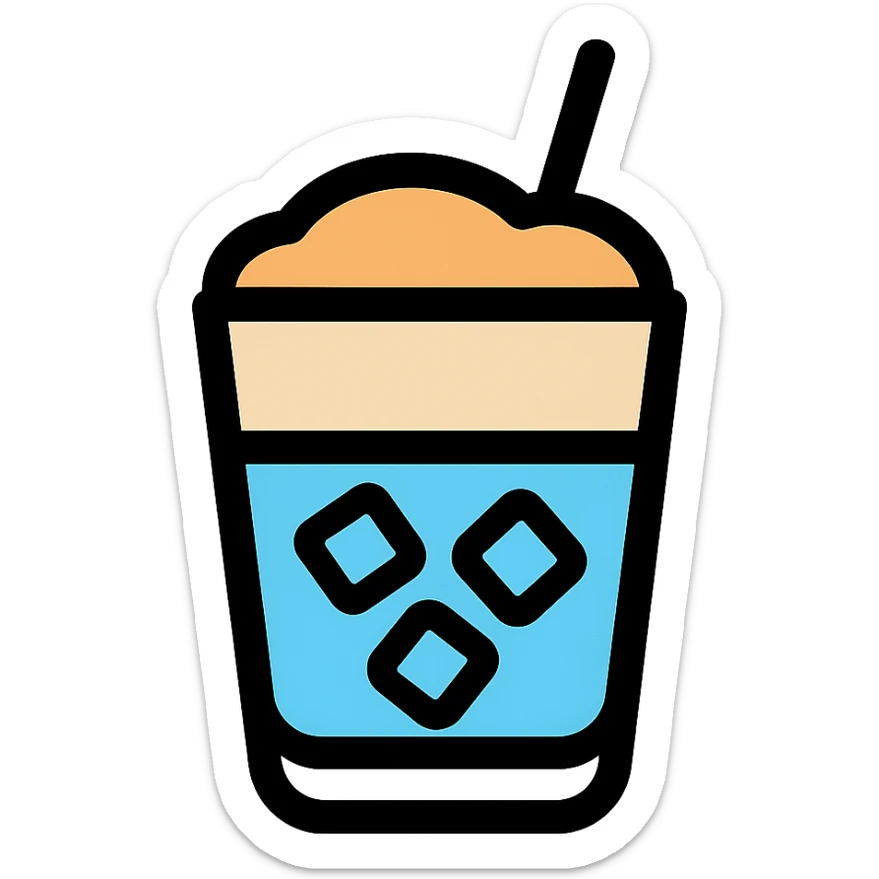 modern coffee icon of greek freddo espresso in clear glass with ice cubes and creamy foam, minimal background sticker