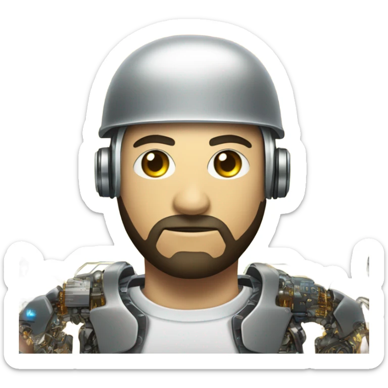 half cyborg face half human with short straight, dark hair, hardhat, and a neatly trimmed beard sticker