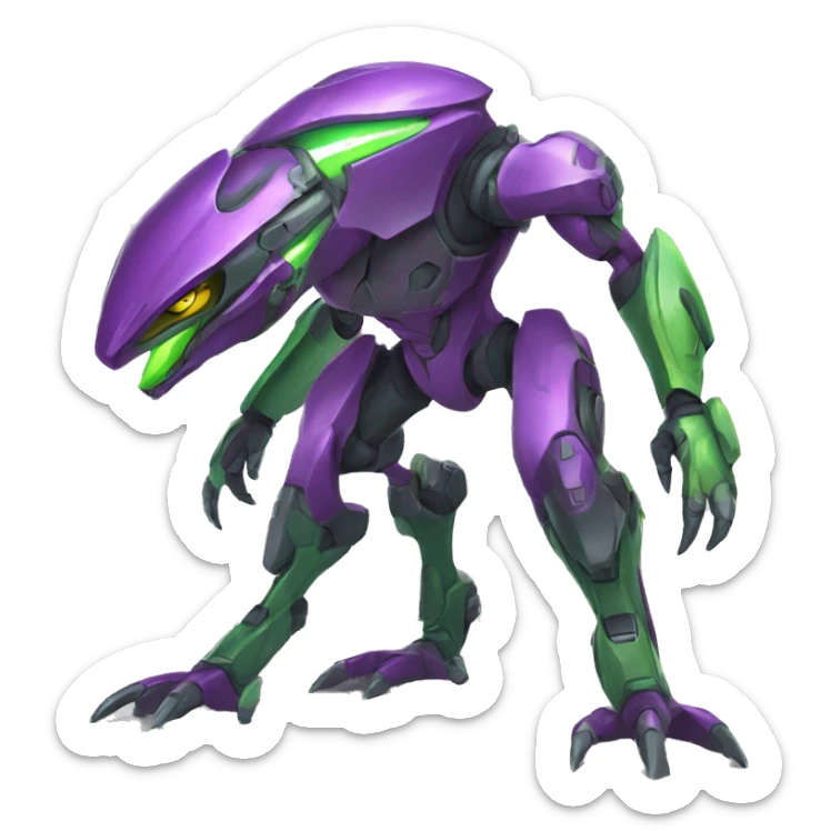 a purple-green Genesect-Raptor-Fakémon—hybrid with a futuristic visor-helmet full body sticker