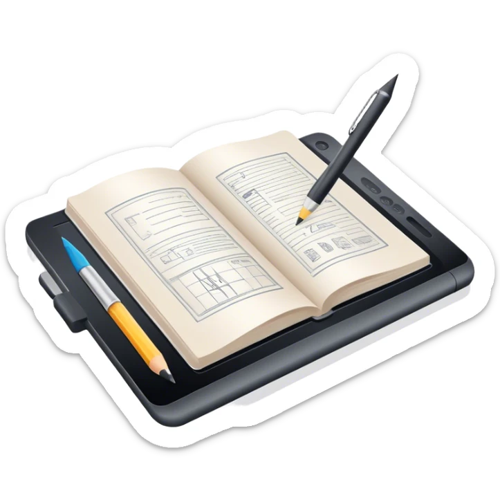 Illustration icon, pencil, paintbrush, gel pen, graphic tablet or monitor with digital illustration, open book with sketches, minimalistic style, clean lines, transparent background. sticker