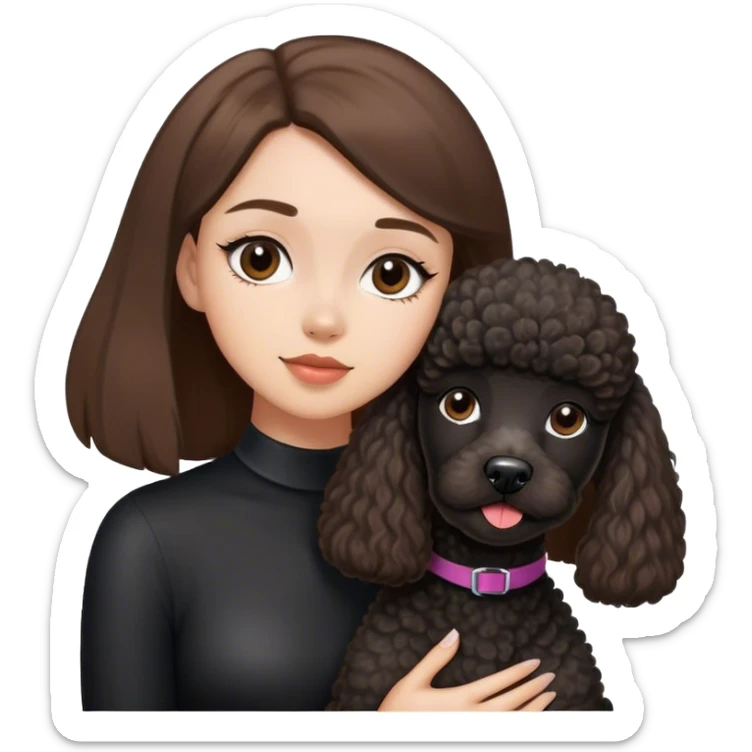 a white girl with straight brown hair and a black french poodle dog sticker
