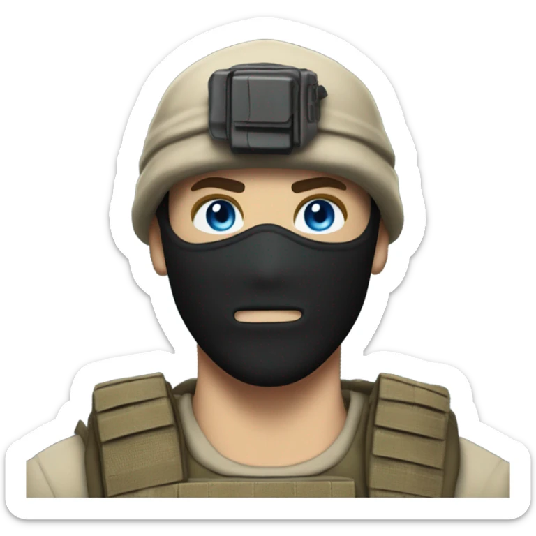 White male, call of duty black mask, camo tactical gear, tan combat boots, black beanie, blue eyes sticker