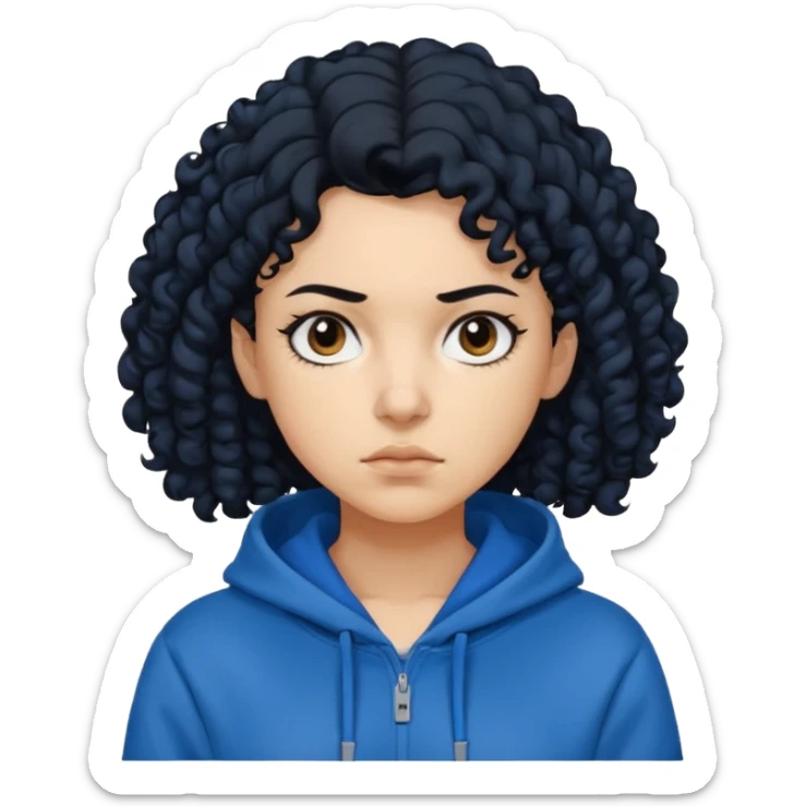 A woman with curly black hair, wearing a blue-black hoodie, and a slightly serious expression on her face. sticker