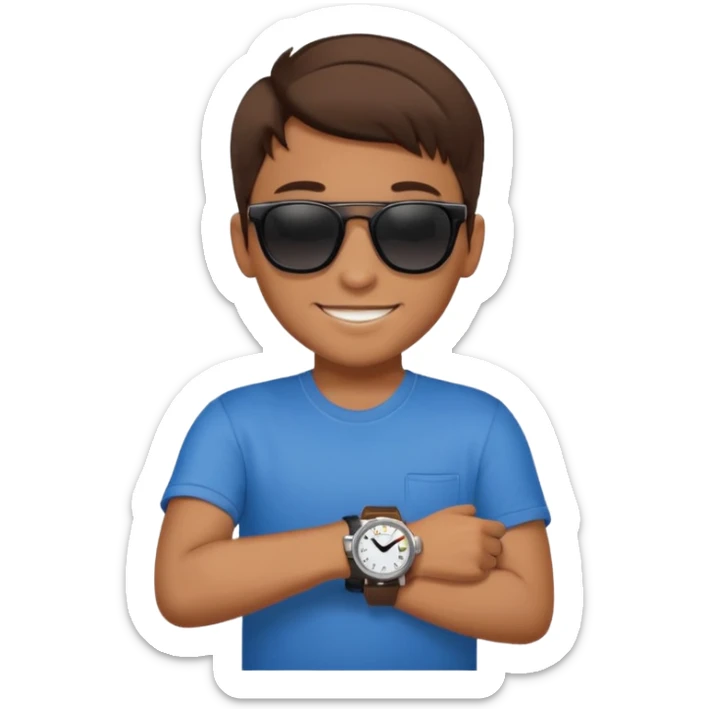 Un niño con pelo lacio color castaño,con lentes de sol negros y un reloj en la mano sticker