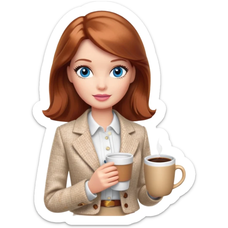 A Barbie girl with blue eyes, shoulder-length reddish-brown hair, made-up, wearing a white tweed jacket and a beige skirt, is sitting at a table with a cup of coffee in her hands sticker
