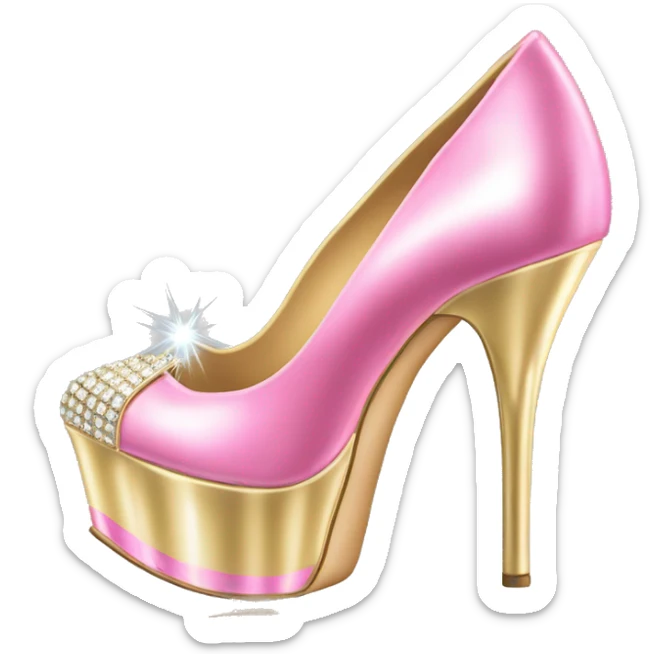 Realistic isolated top view of a pair of metallic light gold and metallic light bubblegum pink pointed toe high heel shoes with diamonds on the top of the toes. sticker
