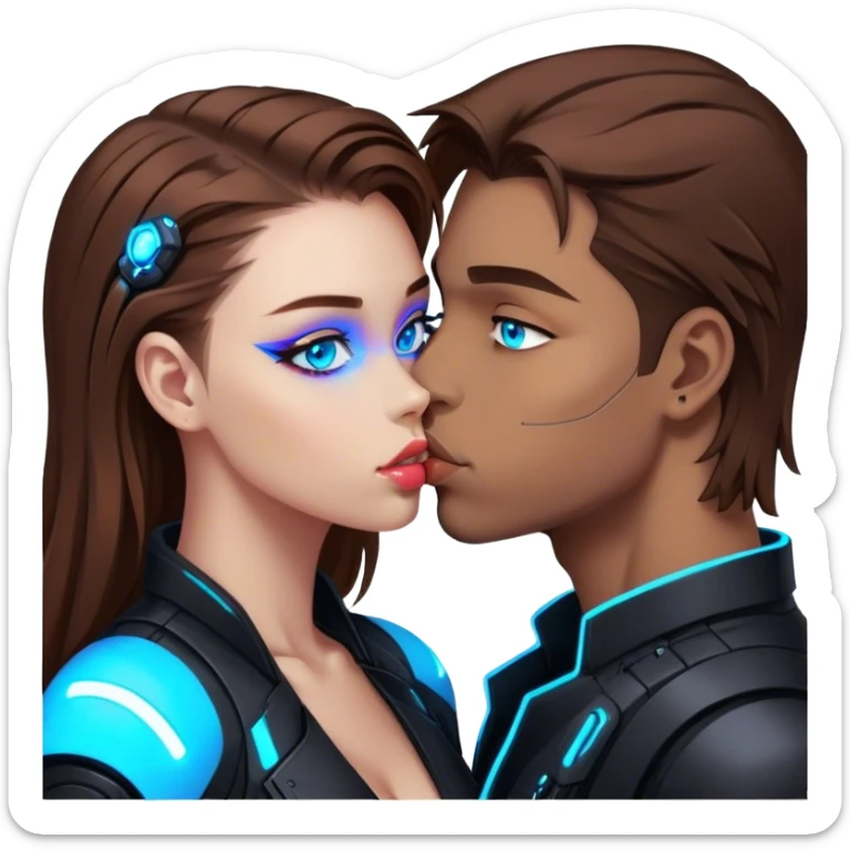 Neon cyberpunk style 
girl with brown hair and blue eyes kiss man sticker