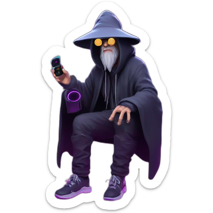 Gandalf wearing a black hoodie with "OMG" letters on it and VR headset in a cyberpunk VR environment with violet neon lighting. sticker