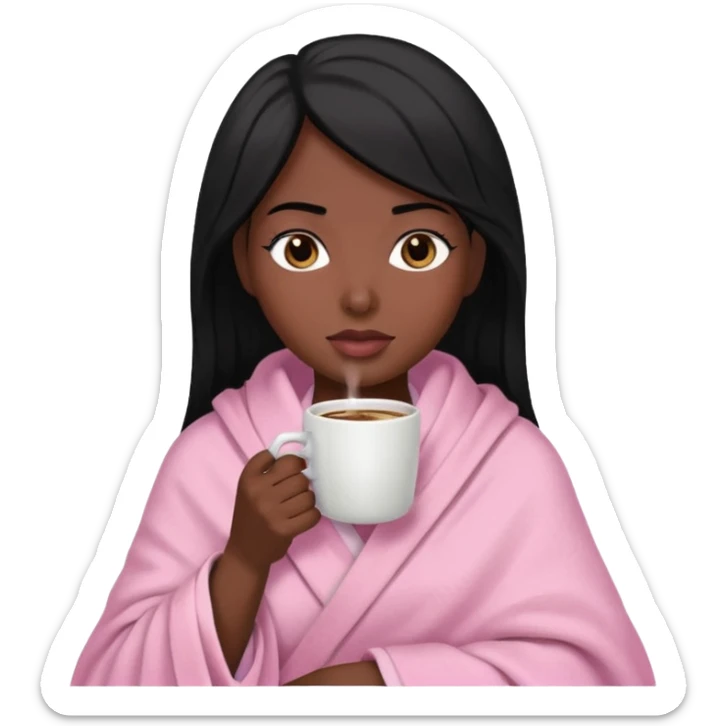 Mujer de piel morena y cabello negro envuelta en una manta rosa claro tomando un café  sticker