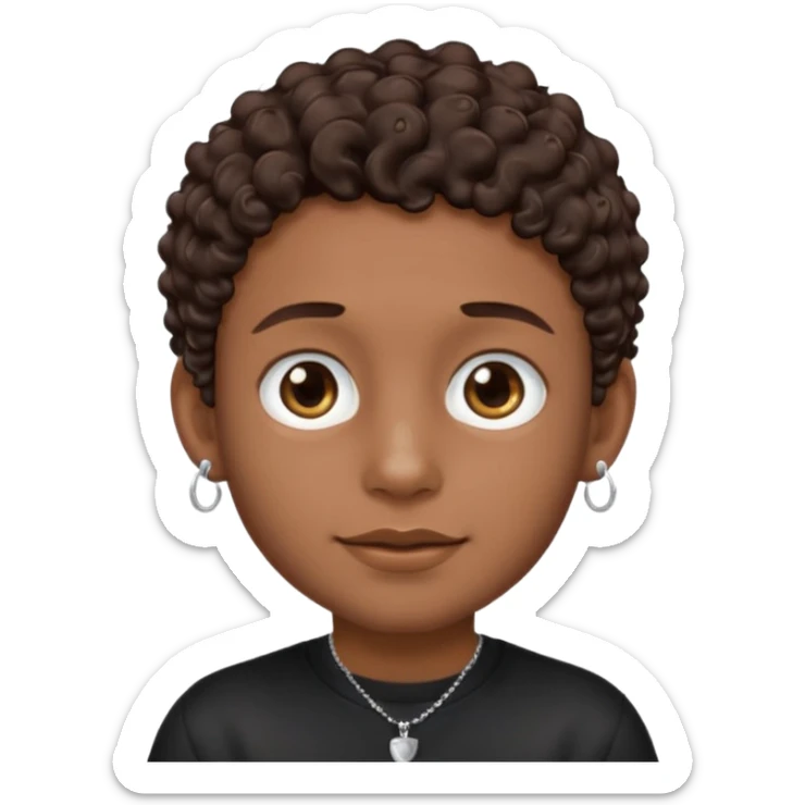 a boy emoji with a milk chocolate skin color, short dark brown curly hair with 2 silver stud earrings on both ears and 2 slits on each eyebrow and is wearing a black shirt with a silver necklace  sticker