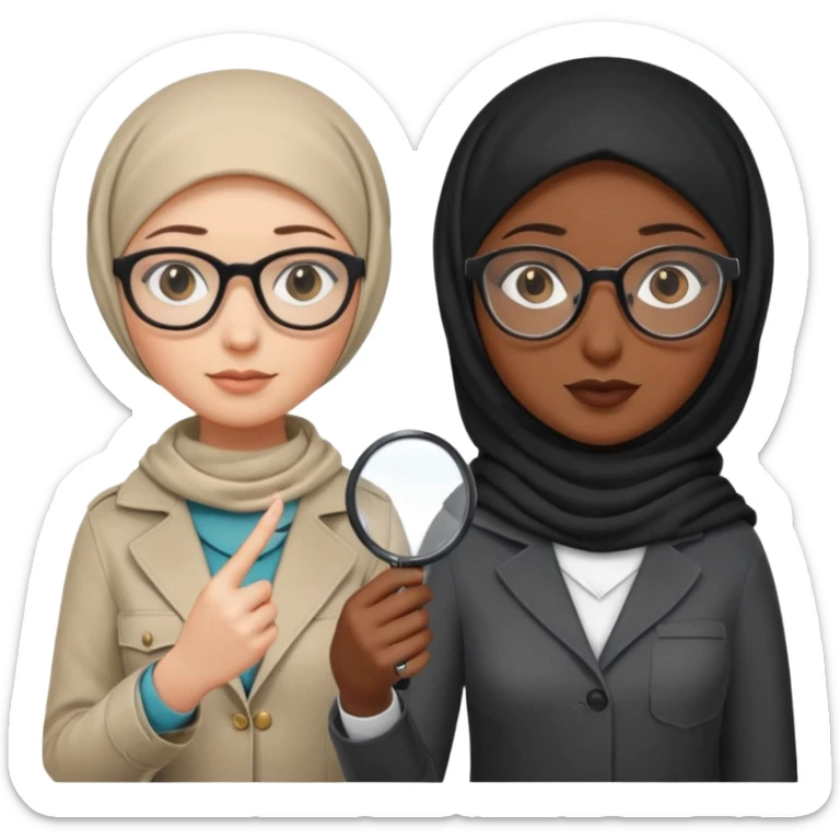 one white woman with hijab and glasses detective + one black woman without hijab and glasses detective  hand lens in one hand, hat etc sticker