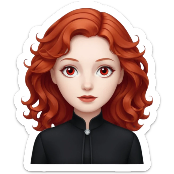 Julia Grant from Summer of Fear with medium red wavy hair, black outfit, white and red eyes sticker