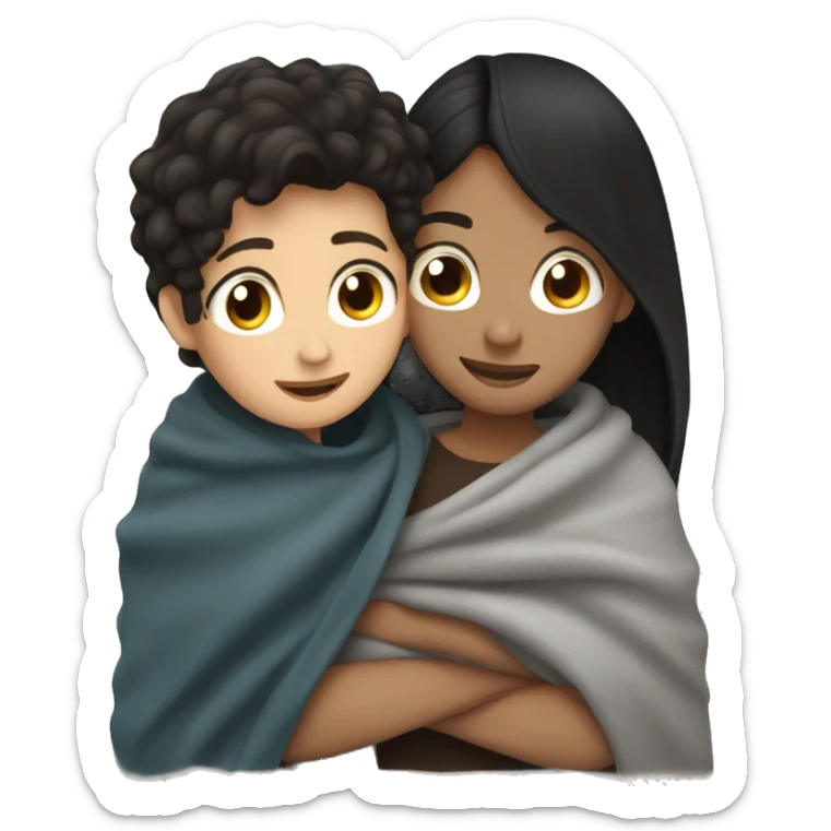 Boy whit brown hair cuddling with girl with black hair Under blanket  sticker