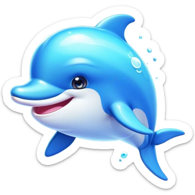 Cinematic Cheeky Dolphin Portrait Emoji, With a playful tilt of its head and a mischievous sparkle in its eyes, showcasing a sleek, shiny body accented by a quirky, animated smile and a cheeky wink, Simplified yet hilariously endearing features, highly detailed, glowing with a vibrant, sassy aquatic glow, high shine, spirited and fun, stylized with an air of quirky marine mischief, soft glowing outline, capturing the essence of a super cute dolphin that looks ready to splash its way into viral fame with playful charm! sticker
