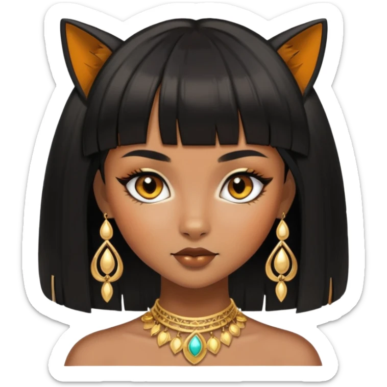 brownskin girl, fox eyes, black straight hair with bangs above eyebrowns, golden accessories sticker