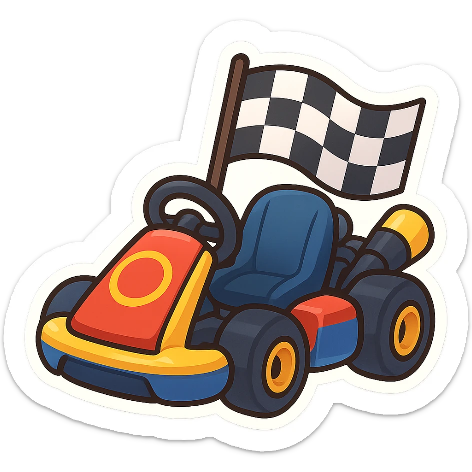 racing kart with a checkered flag, vibrant and fun, Nintendo style, Mario Kart 8 Deluxe sticker