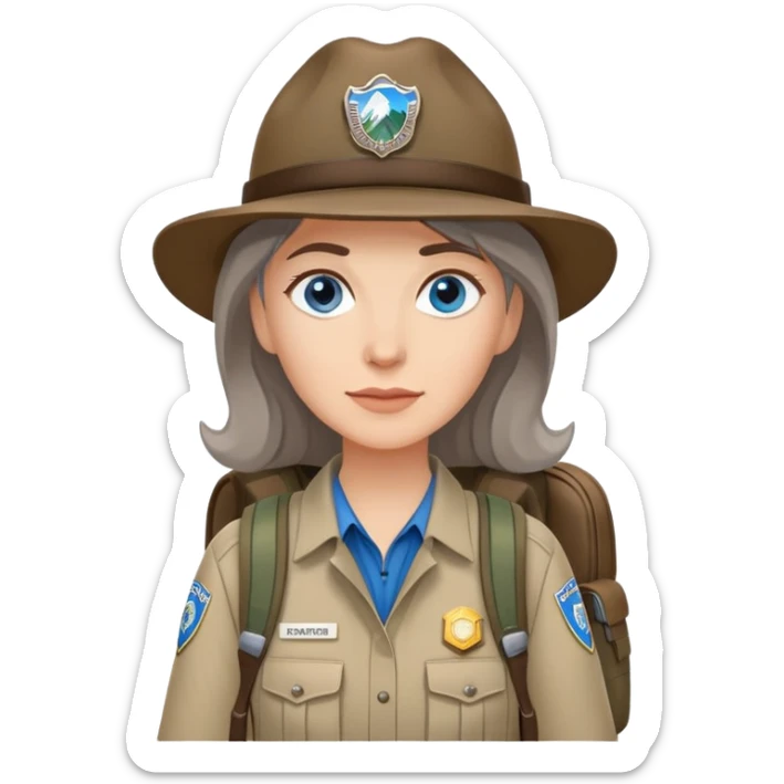 white woman park ranger with blue eyes, brown and gray hair, wearing a backpack sticker