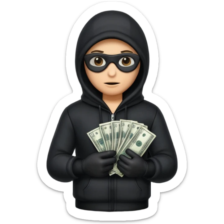 Robber with money na mão direita com uma blusa de frio preta  sticker