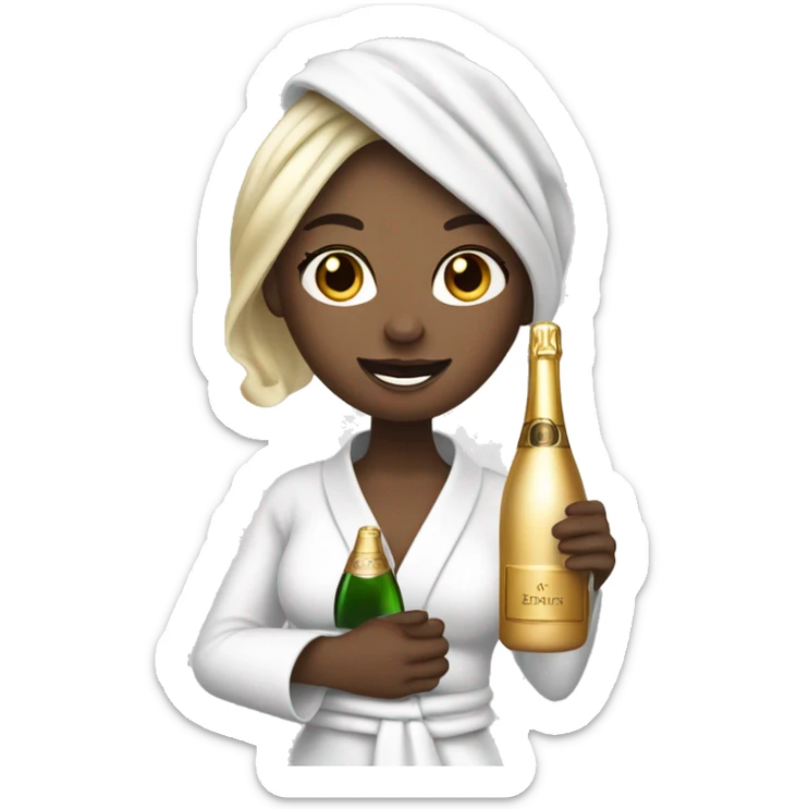 Girl with white towel wrapped around hair holding a champagne glass and bottle in black high heels  sticker