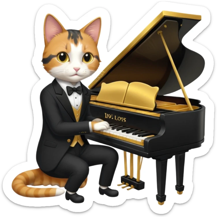 calico cat play gold piano, wear black suit, portrait sticker