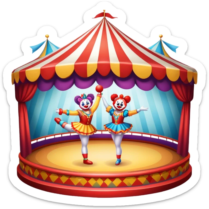 Icon for Circus Arts: a grand vibrant circus arena with girls acrobats, a clown, and performing bears. The icon should capture the excitement and energy of the circus, with colorful costumes and a lively atmosphere. Transparent background. sticker