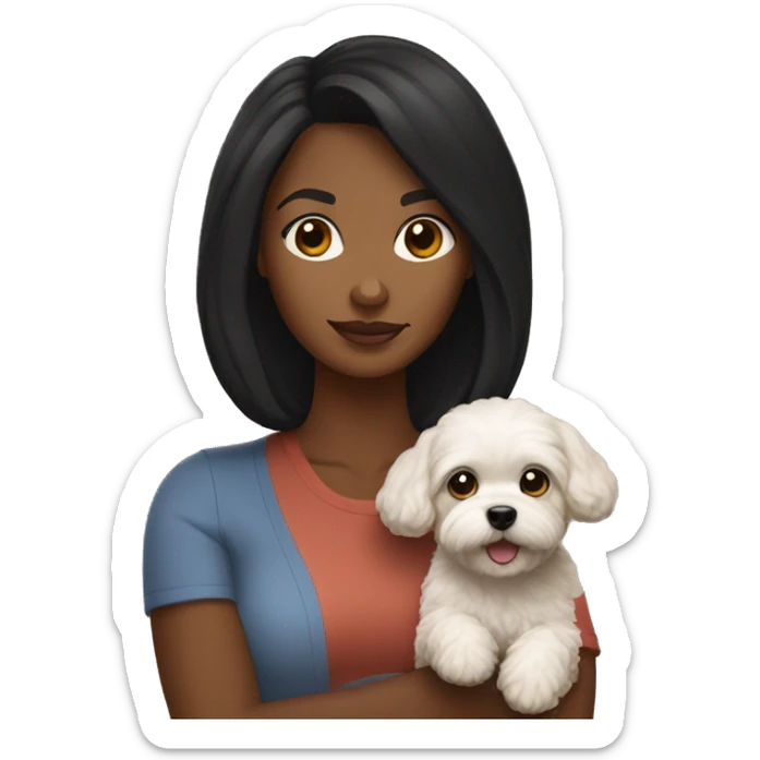 Brown skinned woman with black hair holding MaltiPoo dog sticker