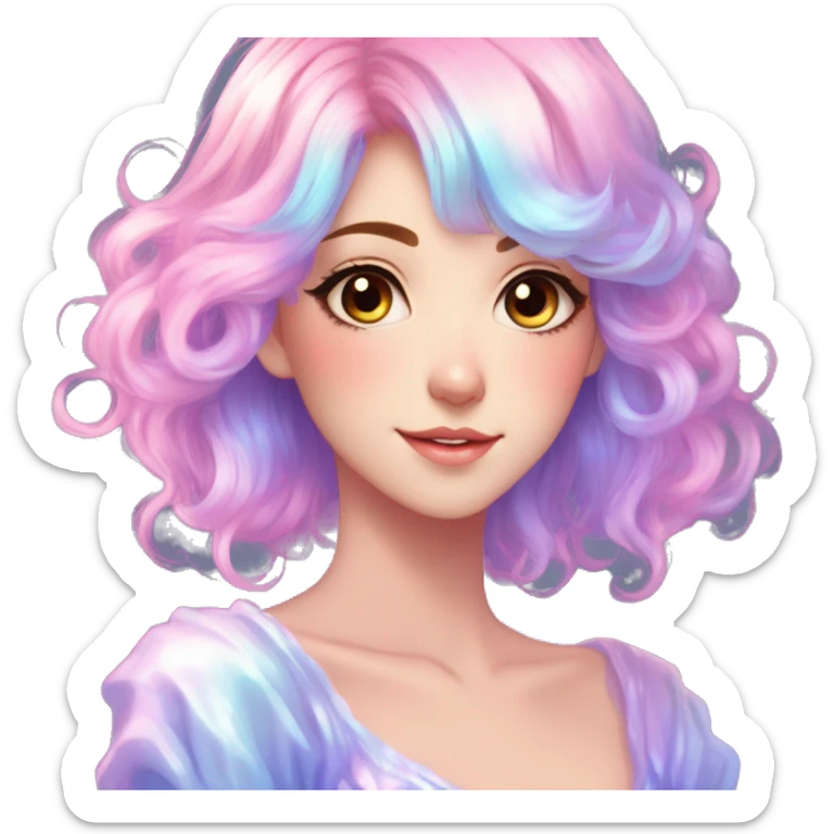 Gorgeous Beautiful Blushing Petite Colorful-Shiny-Pastel-Fairy-Soarkle-Anime-Lady with beautiful gradient pastel hair aesthetic sticker