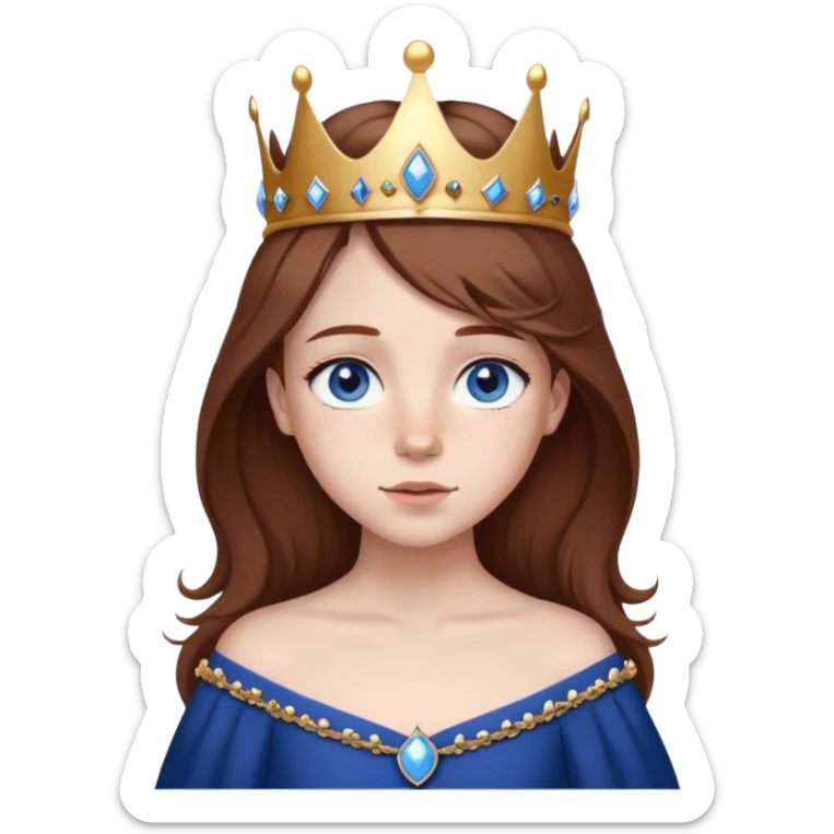 a young chesnut brown haired girl with blue eyes, freckles and a dark blue gown. crown on top of head. sticker
