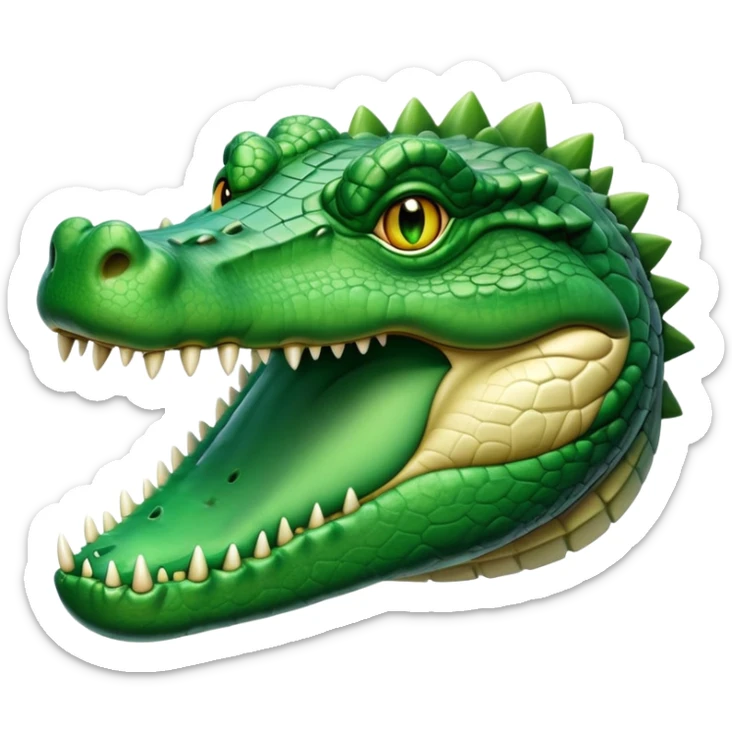 cinematic-noble-crocodile-portrait-emoji,-poised-and-regal,-with-a-powerful,-elongated-build-and-a-rugged,-scaly-emerald-green-hide,-piercing-cold-eyes,-simplified-yet-sharp-and-sophisticated-features,-highly-detailed,-glowing, head held high sticker