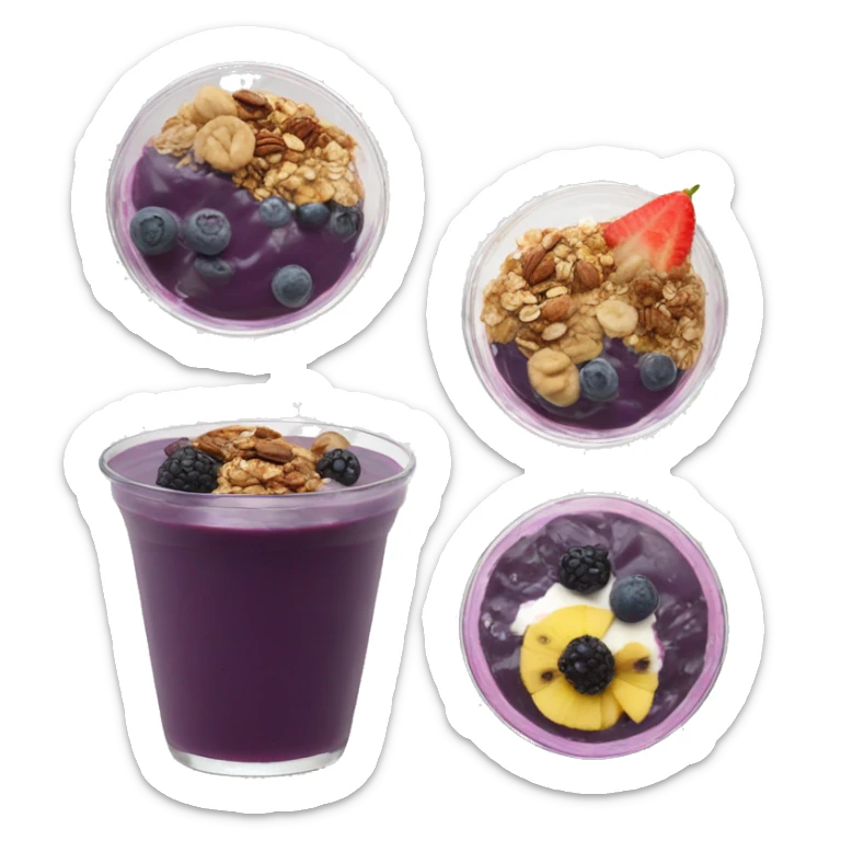 Açaí in a clear cup with layers of fruits and granola and condensed milk sticker