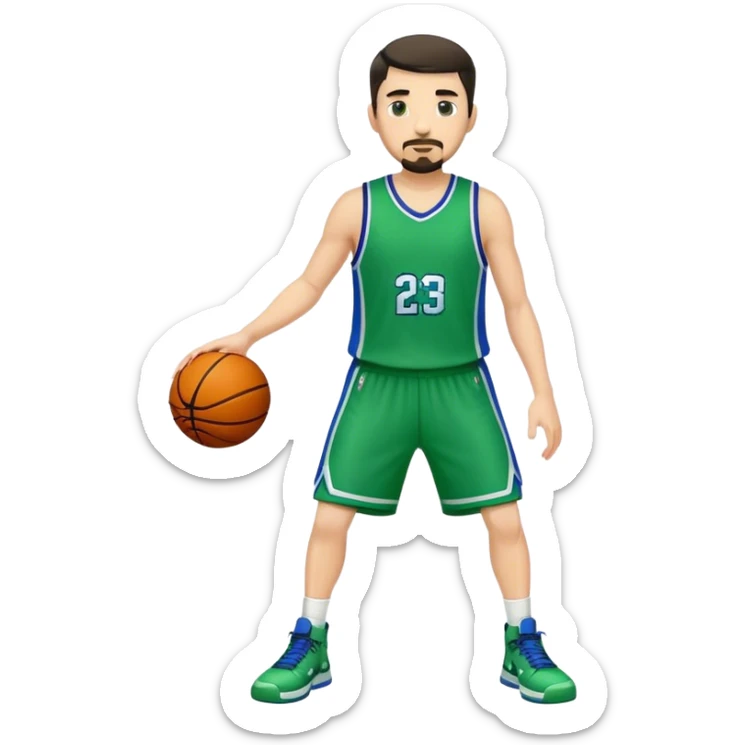 Full Body  white male basketball player with short dark hair and gold tee beard wearing blue and green uniform sticker