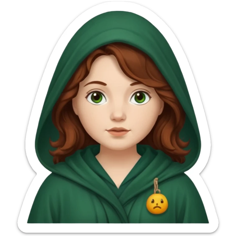 A white woman with a chubby face, with long dark auburn hair robed and hooded like she's a Traitor in the tv show The Traitors. her hair is slightly curly, but kinda frizzy, not with defined curls, and the robe is a very dark green color sticker