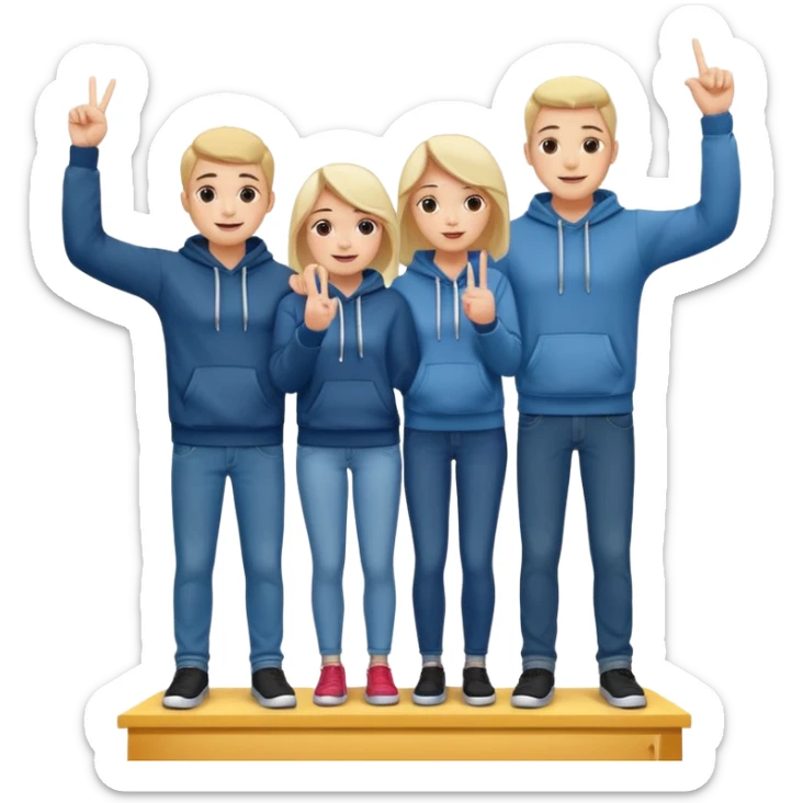 three people in jeans and hoodies on a winners’ podium with no numbers, center person holds up one finger on each hand, bright cheerful expressive emoji illustration sticker