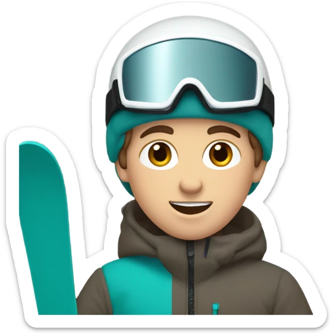 white Boy with wavy brown hair skiing on teal skis. He is wearing a gray coat and black snow pants  sticker