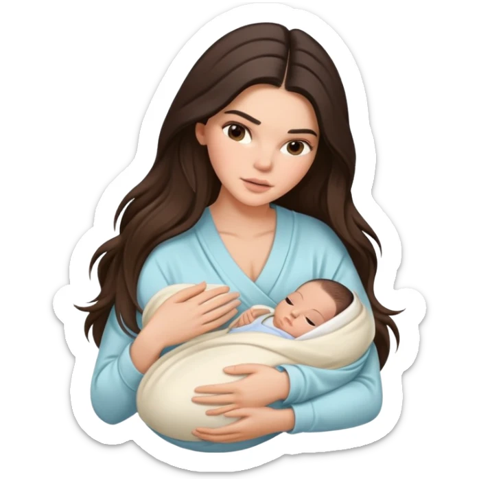 brunette Kendall Jenner with long hair holding newborn baby in swaddling clothes sticker