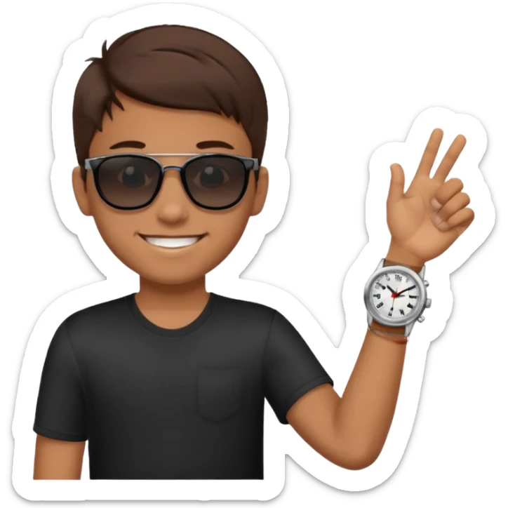 Un niño con pelo lacio color castaño,con lentes de sol negros y un reloj en la mano sticker